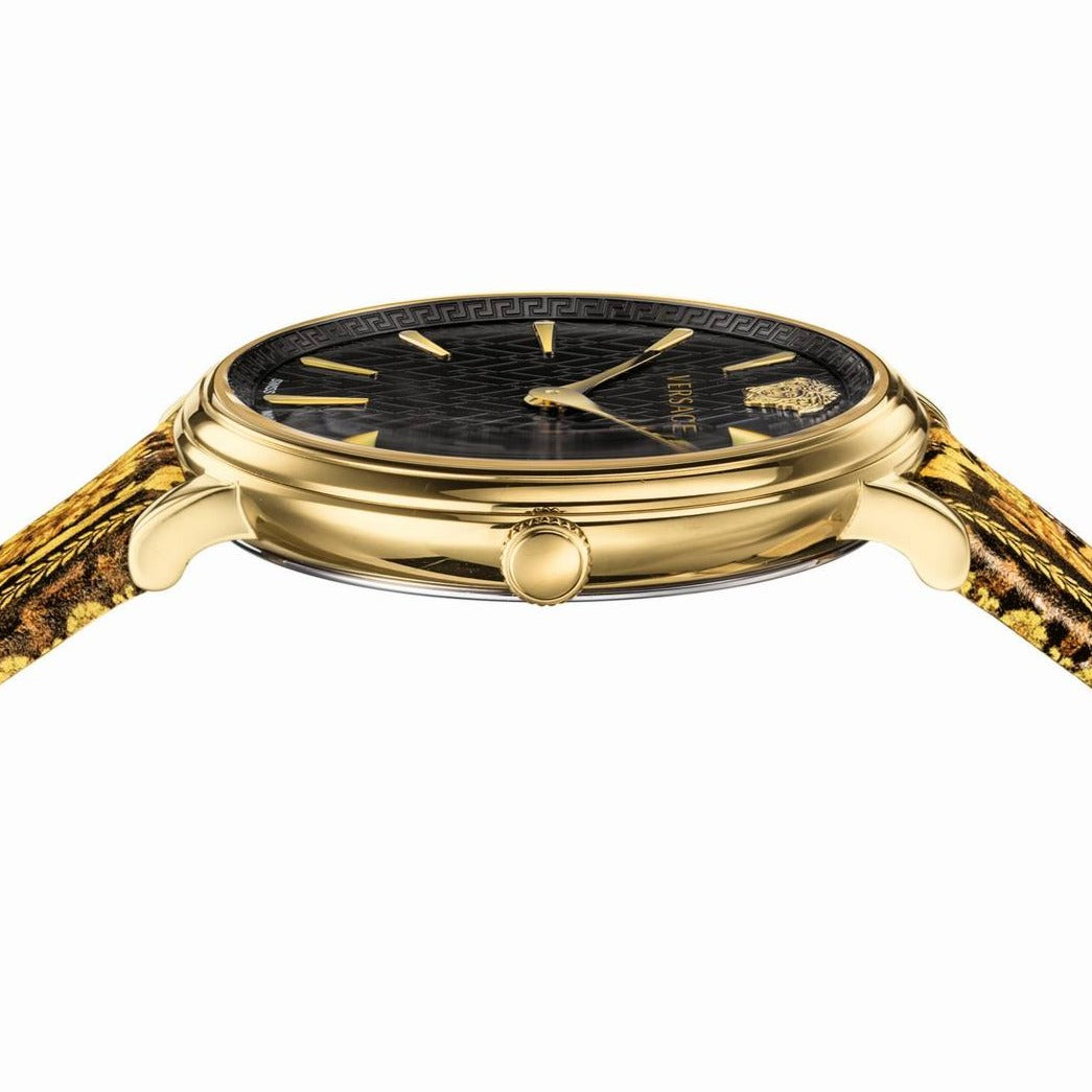 Versace V-Circle watch side angle showing gold-tone case profile and ornamental leather strap