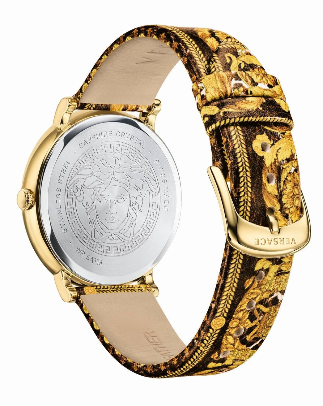 Versace V-Circle caseback showing engraved Medusa medallion and ornamental leather strap