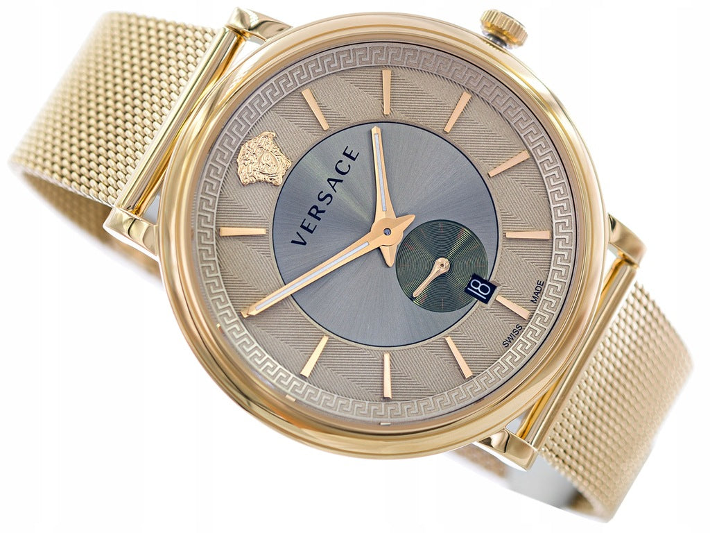 Versace V-Circle watch angled view highlighting grey dial, small seconds, and mesh bracelet