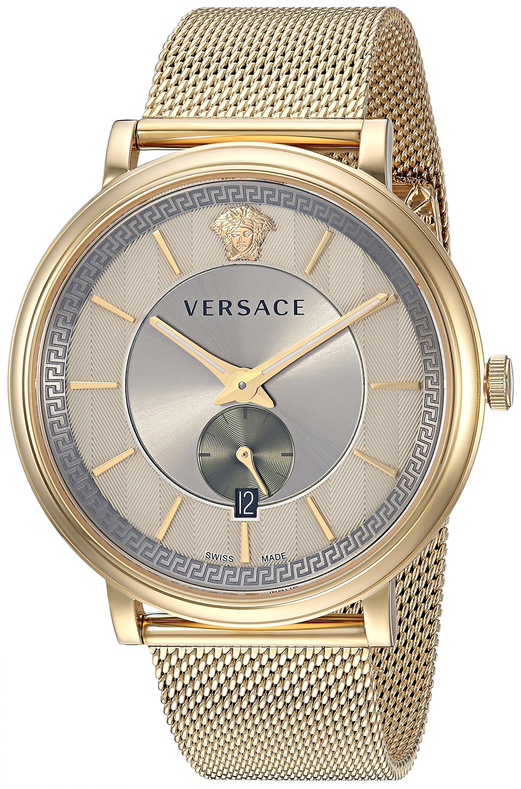 Versace V-Circle watch front view showing GMT dial with small seconds subdial and mesh bracelet