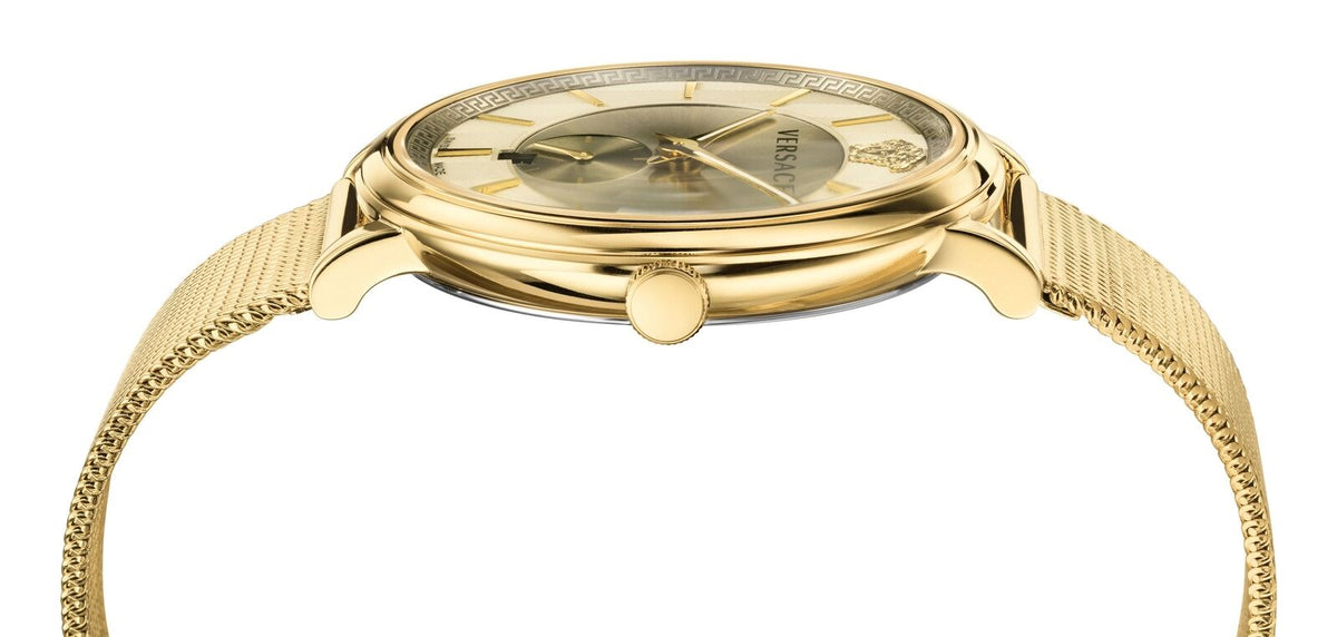 Versace V-Circle watch from above showing case lugs, dial design, and mesh strap