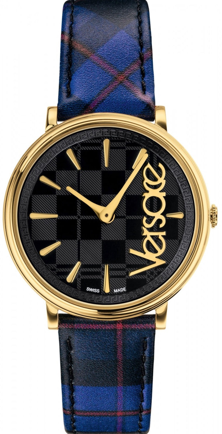 Versace V-Circle Black Dial Blue Leather Strap Women's Watch - VE8100218