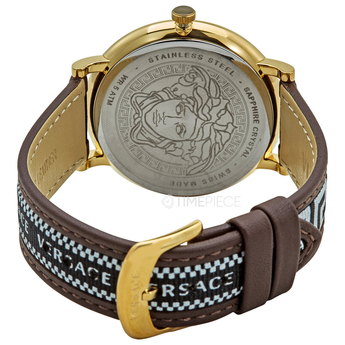Caseback of Versace V-Circle showing stainless steel case and Medusa medallion engraving