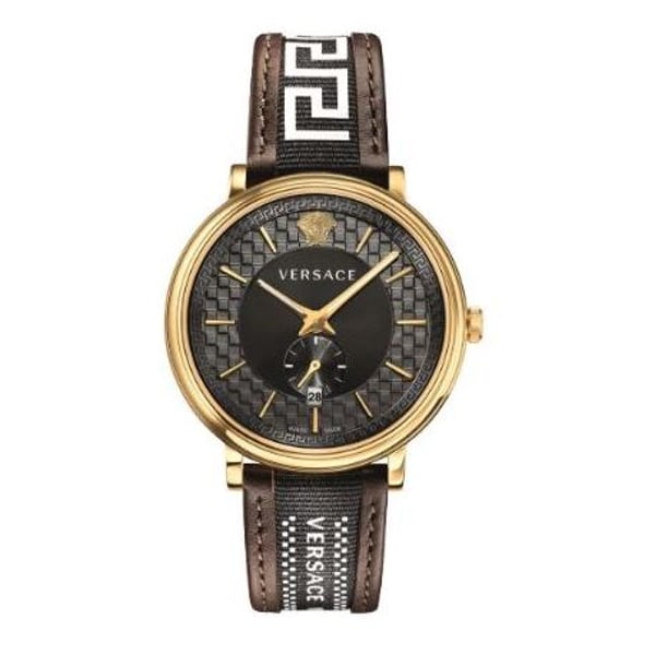 Versace V-Circle quartz watch with black dial, gold-tone case, and brown leather strap with Medusa pattern