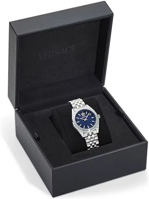 Versace V-Code watch displayed in black gift box packaging