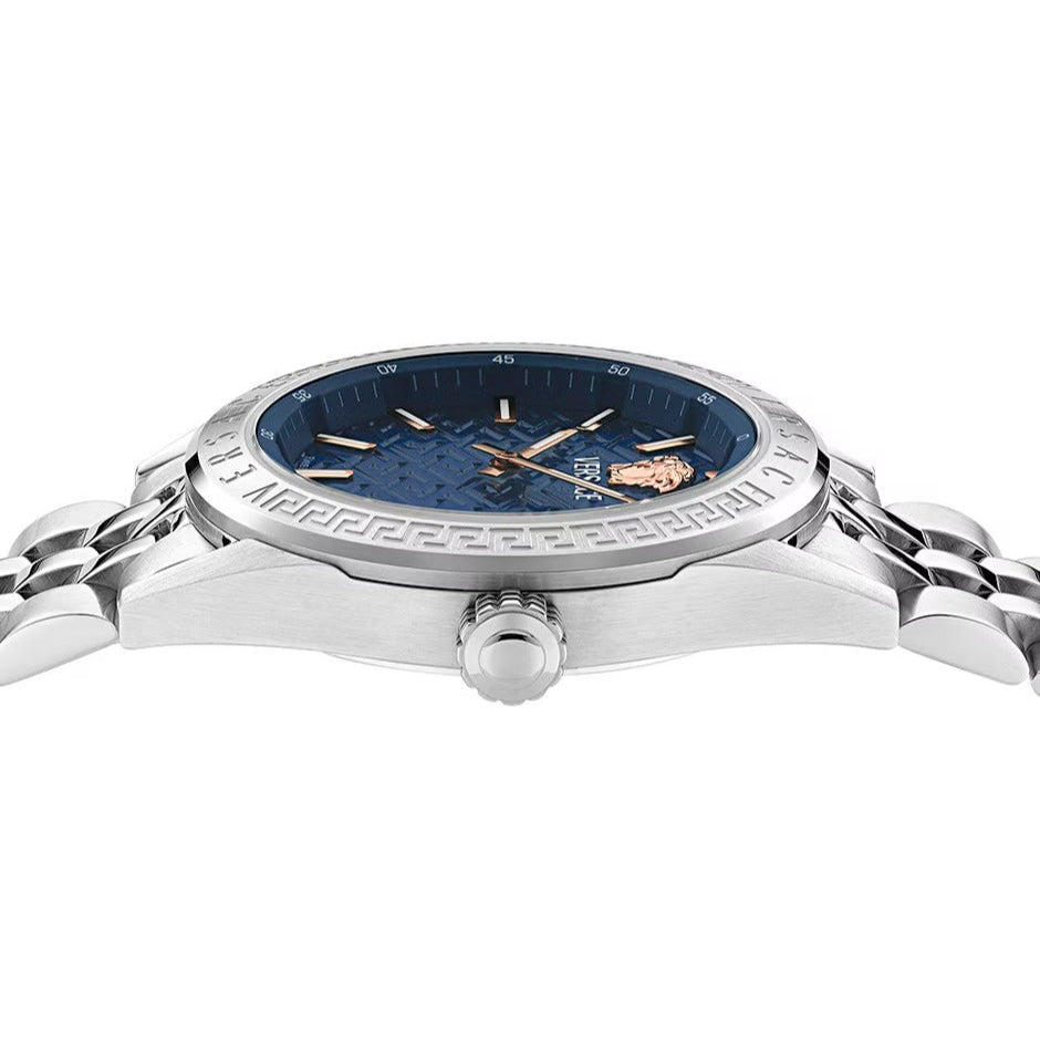 Close-up of Versace V-Code blue dial with Greek key bezel and Medusa logo