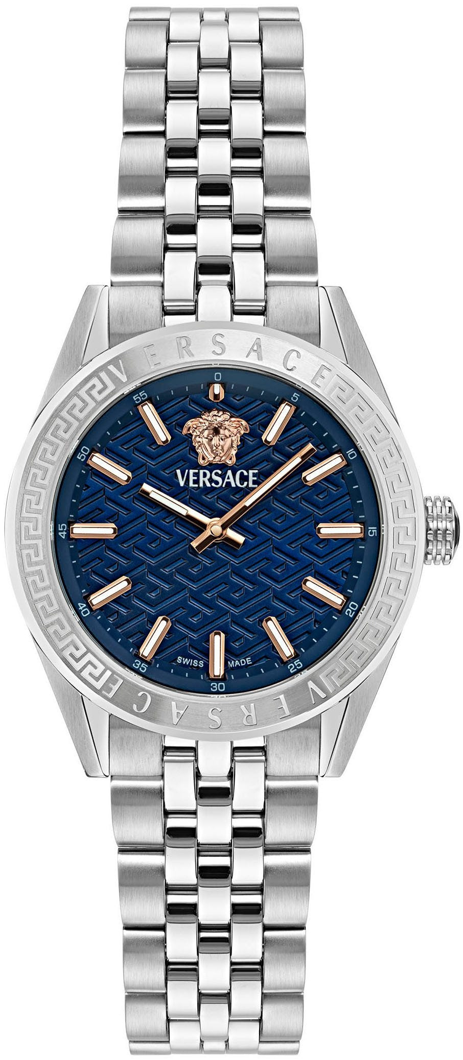 Versace V-Code women's watch with blue dial, stainless steel bracelet and Medusa logo