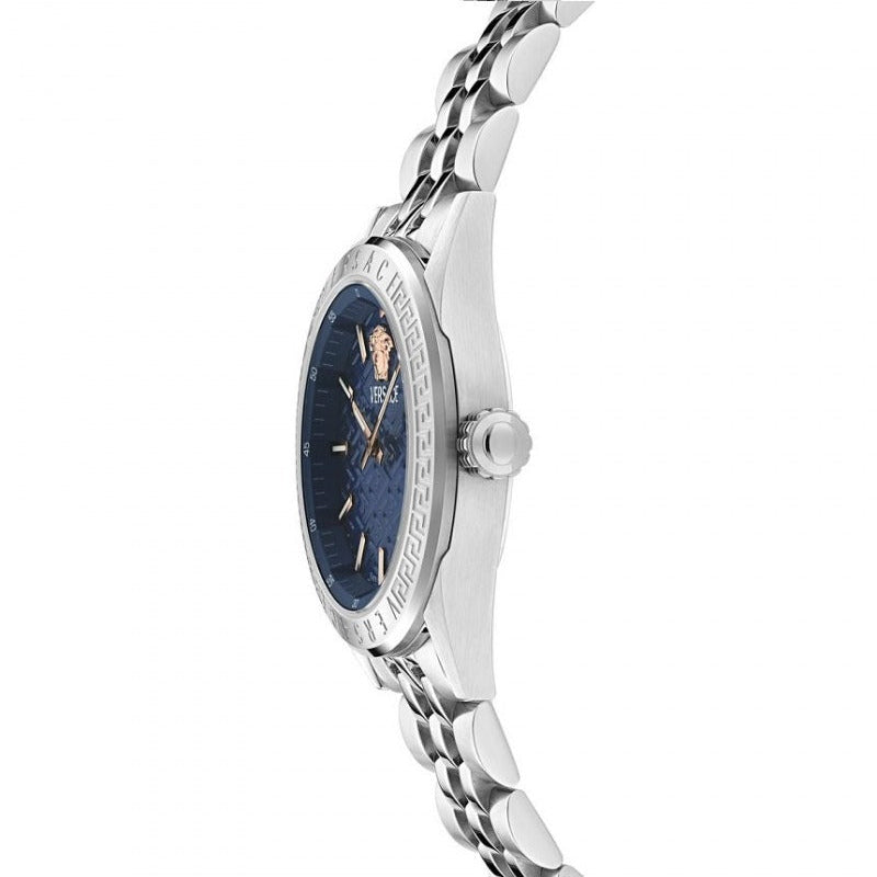 Side profile of Versace V-Code watch showing case thickness and stainless steel bracelet