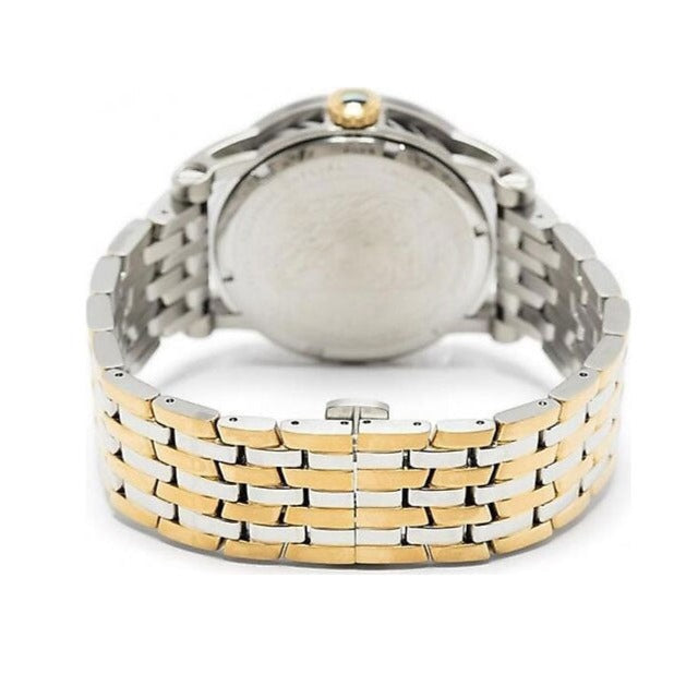 Versace V-Eternal watch caseback showing two-tone gold and silver stainless steel bracelet