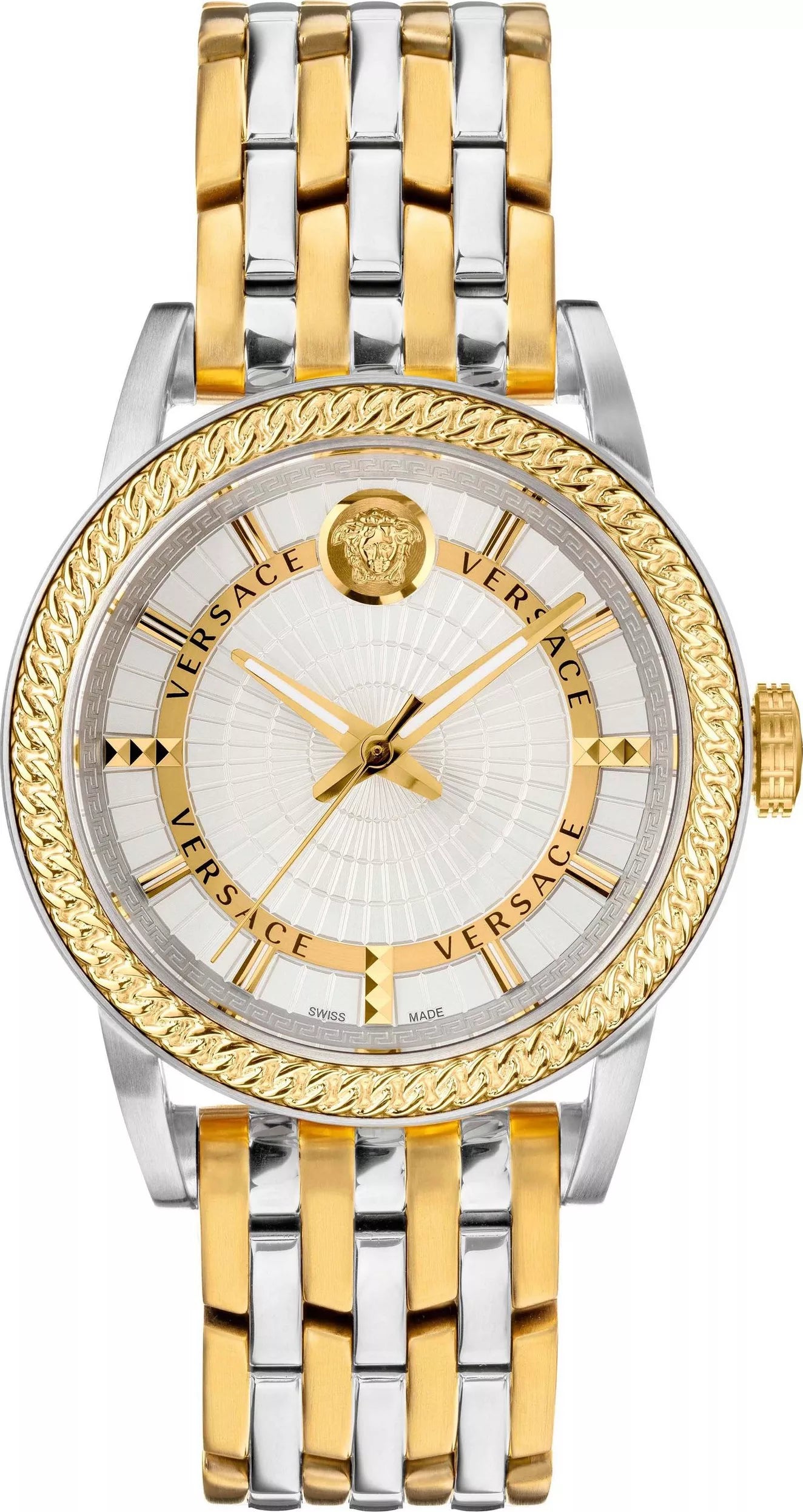 Versace V-Eternal two-tone watch with gold and silver bracelet, champagne dial, and Medusa logo