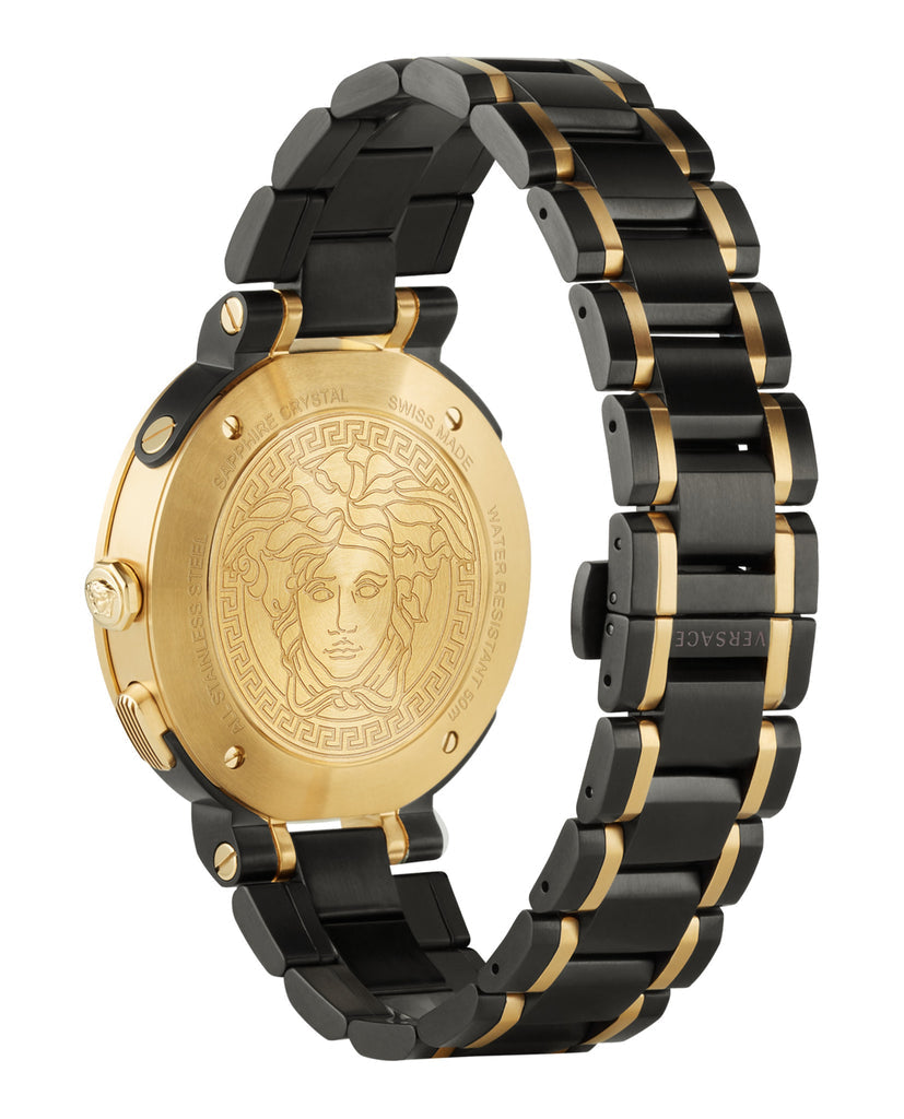 Versace V-Extreme Pro watch caseback featuring Medusa medallion in gold-tone with black and gold two-tone bracelet