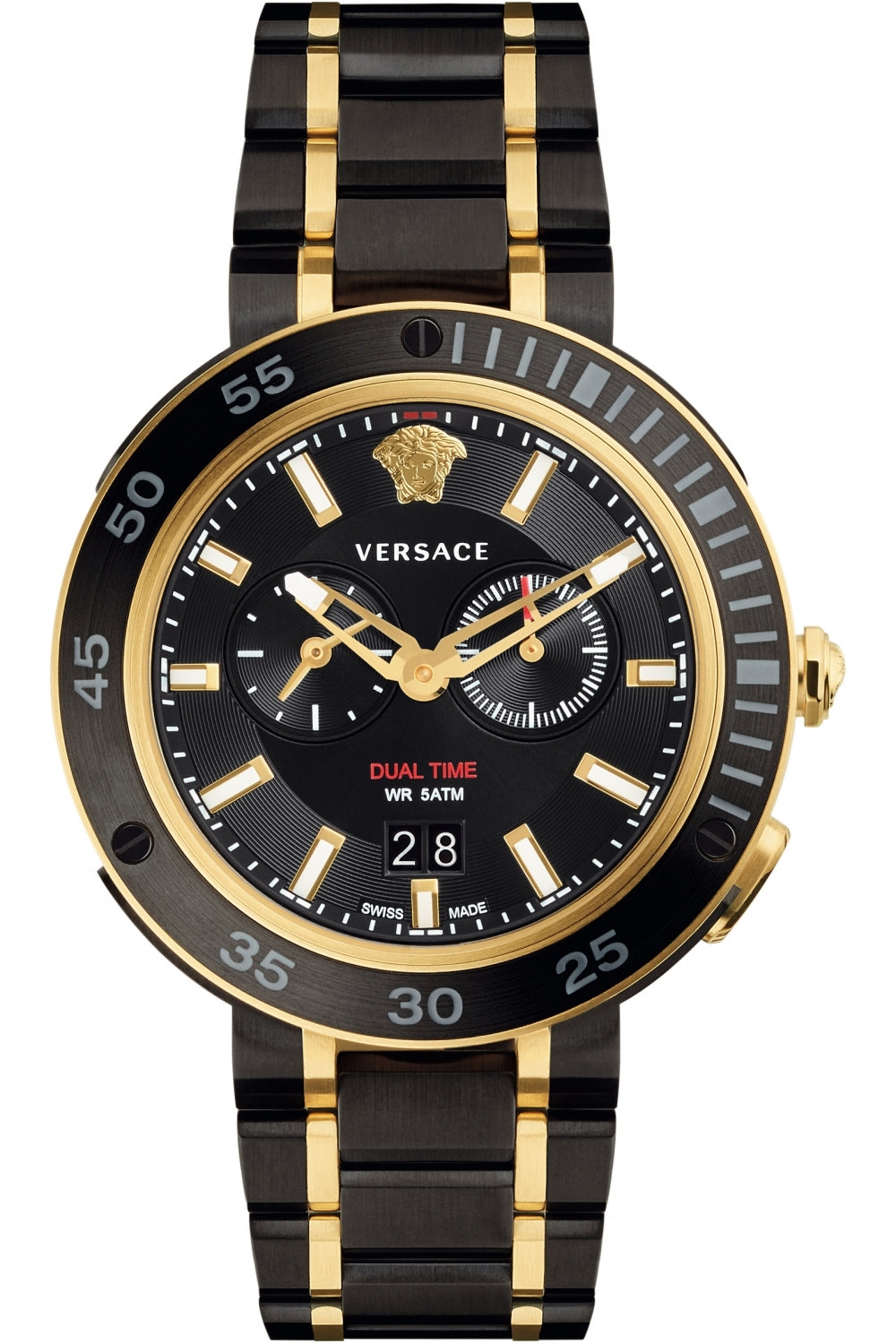 Versace V-Extreme Pro men's watch with black dial, dual-time display, gold-tone hour markers, and two-tone black and gold bracelet