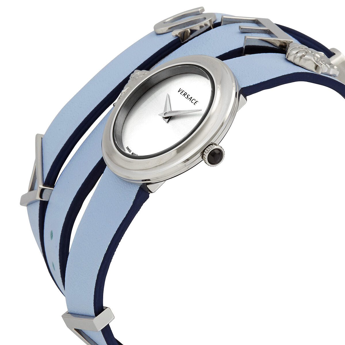 Versace V-Flare ladies watch with silver dial and light blue and navy leather strap