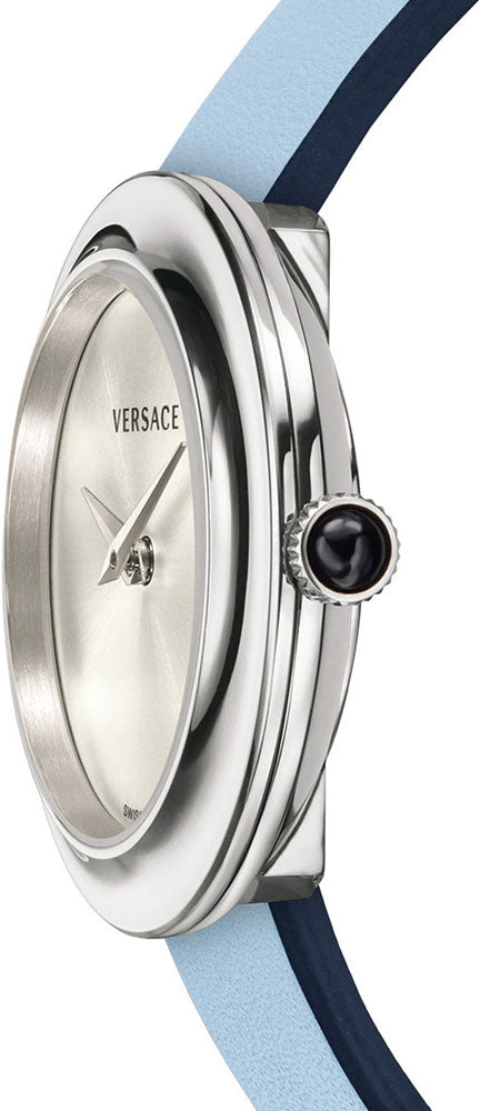 Side view of Versace V-Flare watch showing stainless steel case and mixed color leather strap