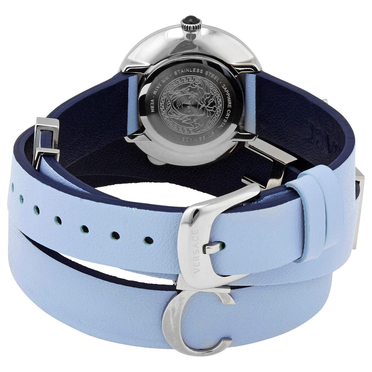 Versace V-Flare watch caseback showing stainless steel back and movement
