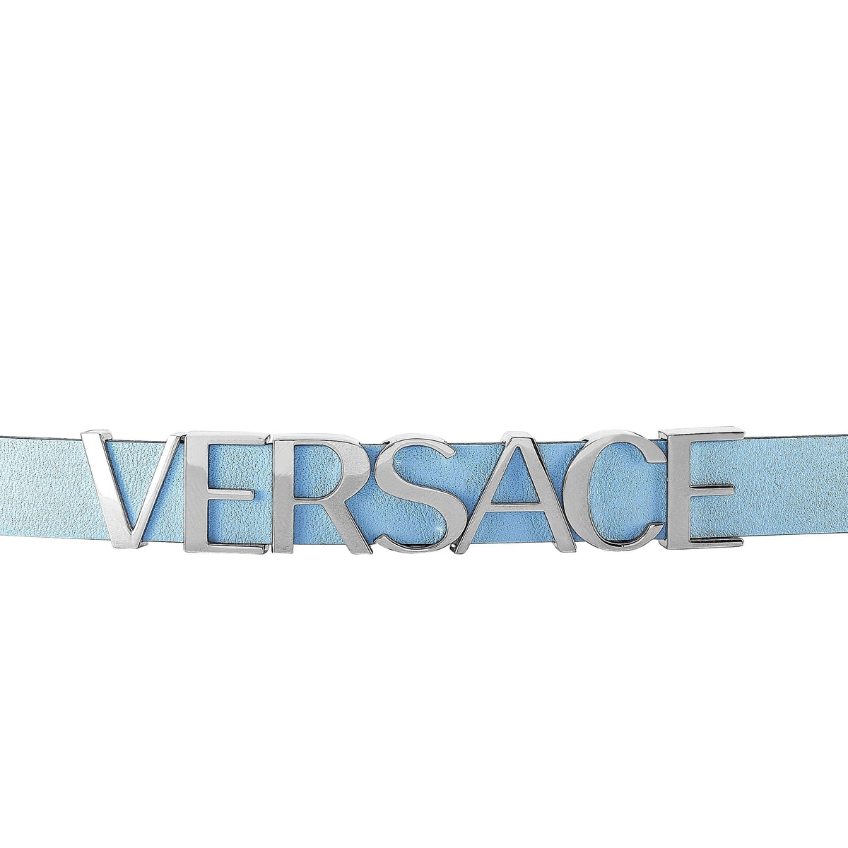 Light blue leather strap detail with Versace logo buckle