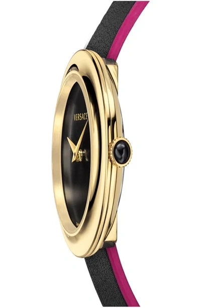 Side angle view of Versace V-Flare watch showing gold-tone case and black-magenta striped leather strap
