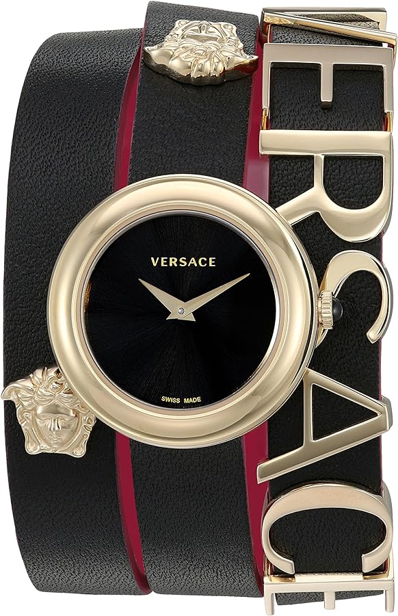 Versace V-Flare women's watch with black dial, gold-tone case, and black leather strap with gold buckle and Medusa logo