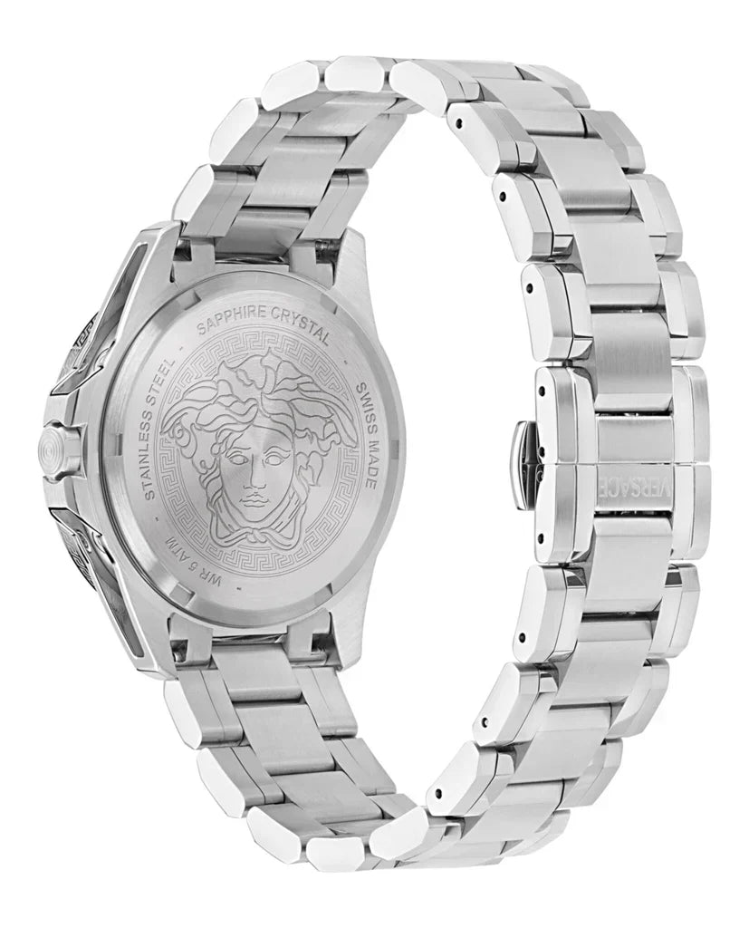 Versace V-Galaxy Moonphase stainless steel case back showing Medusa emblem engraving