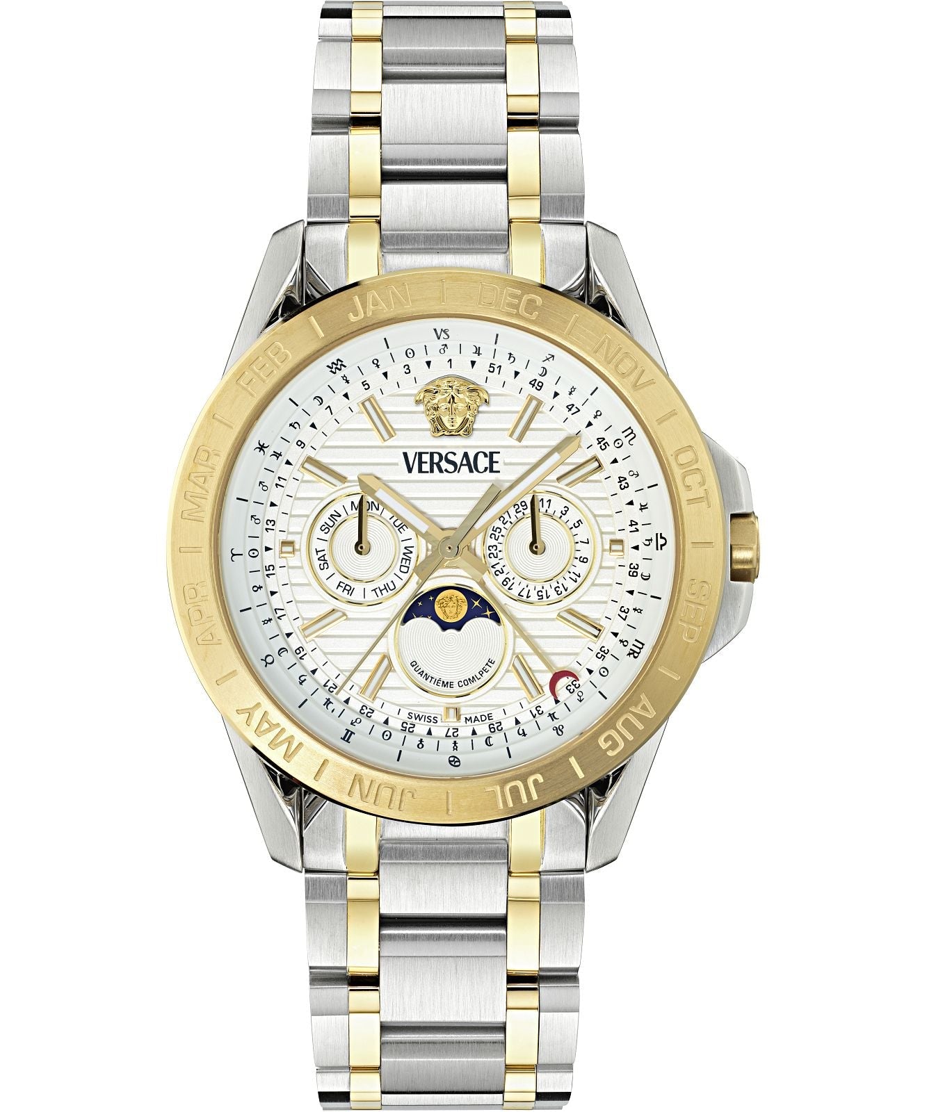 Versace V-Galaxy Moonphase Two Tone Stainless Steel White Dial Men’s Watch VE0K00225