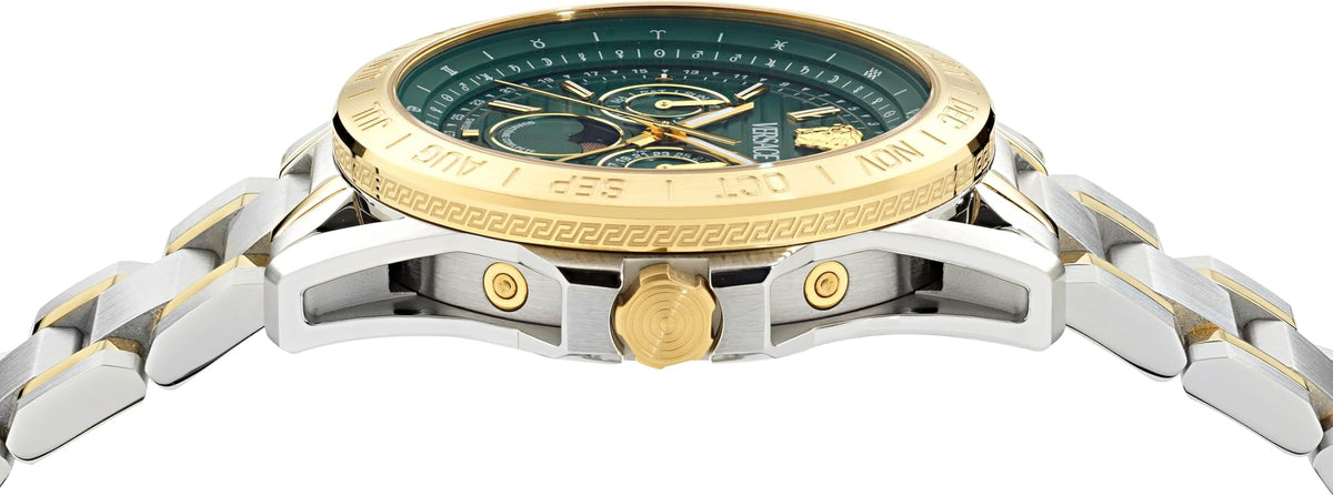 Versace V-Galaxy Moonphase watch showing side angle with gold bezel and dual subdials