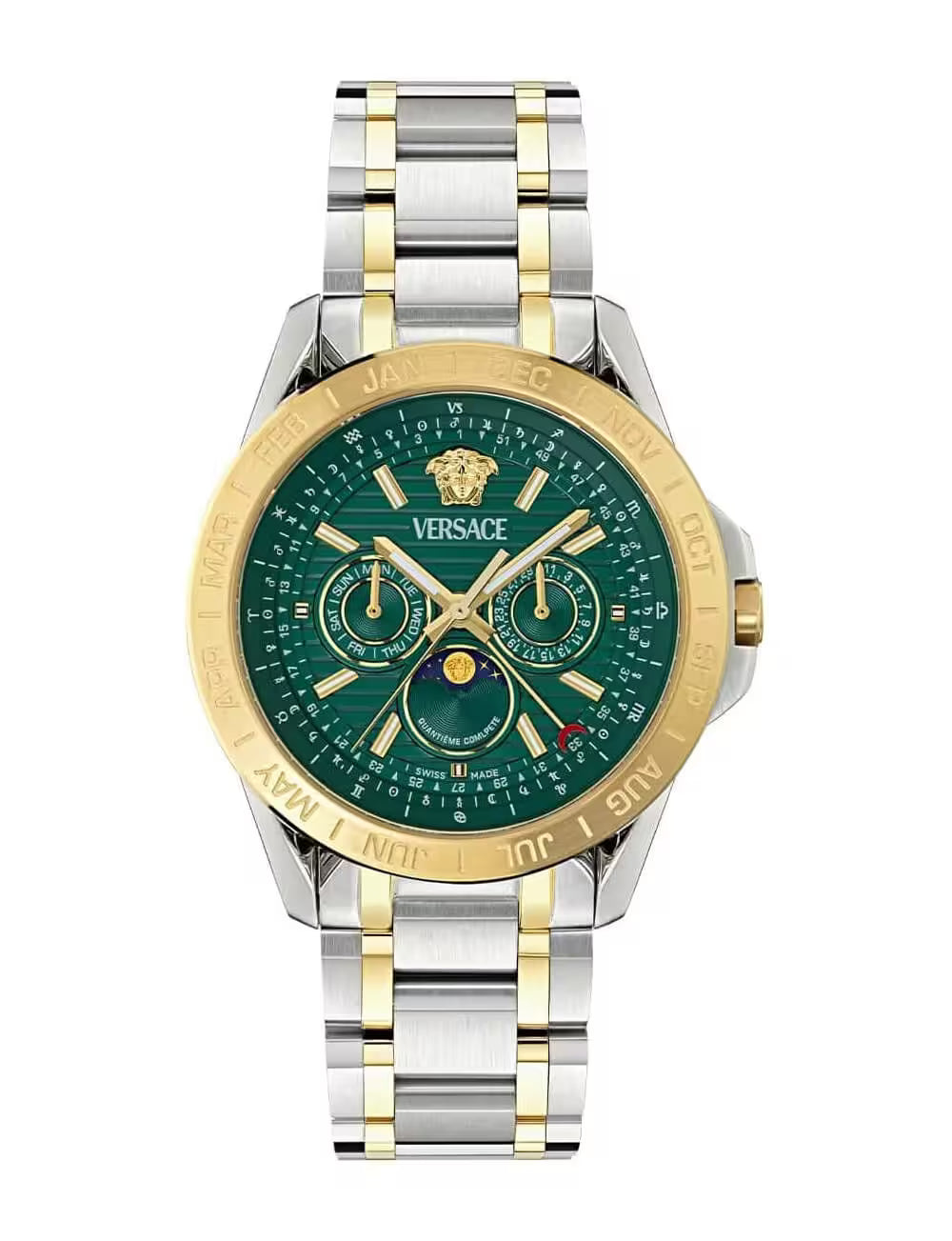 Versace V-Galaxy Moonphase men's quartz watch with green dial and two-tone stainless steel bracelet
