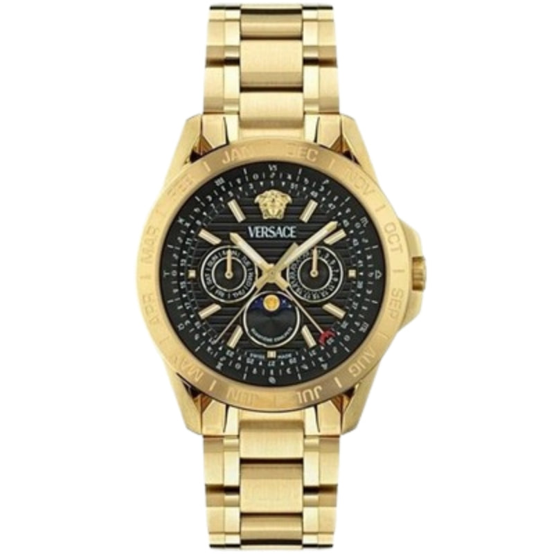 Versace V-Galaxy gold steel watch with black dial and moonphase subdials