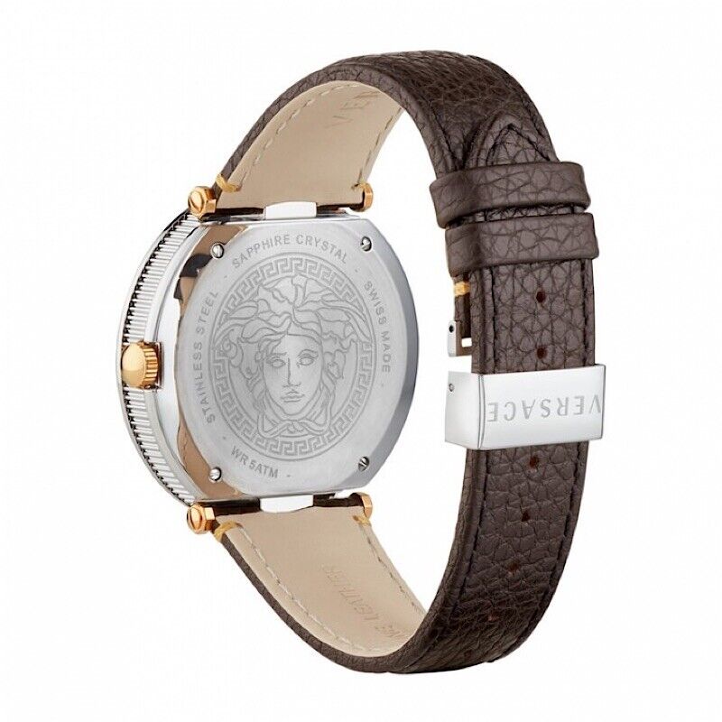 Versace V-Metal Icon watch case back showing sapphire crystal with Medusa engraving and brown leather strap