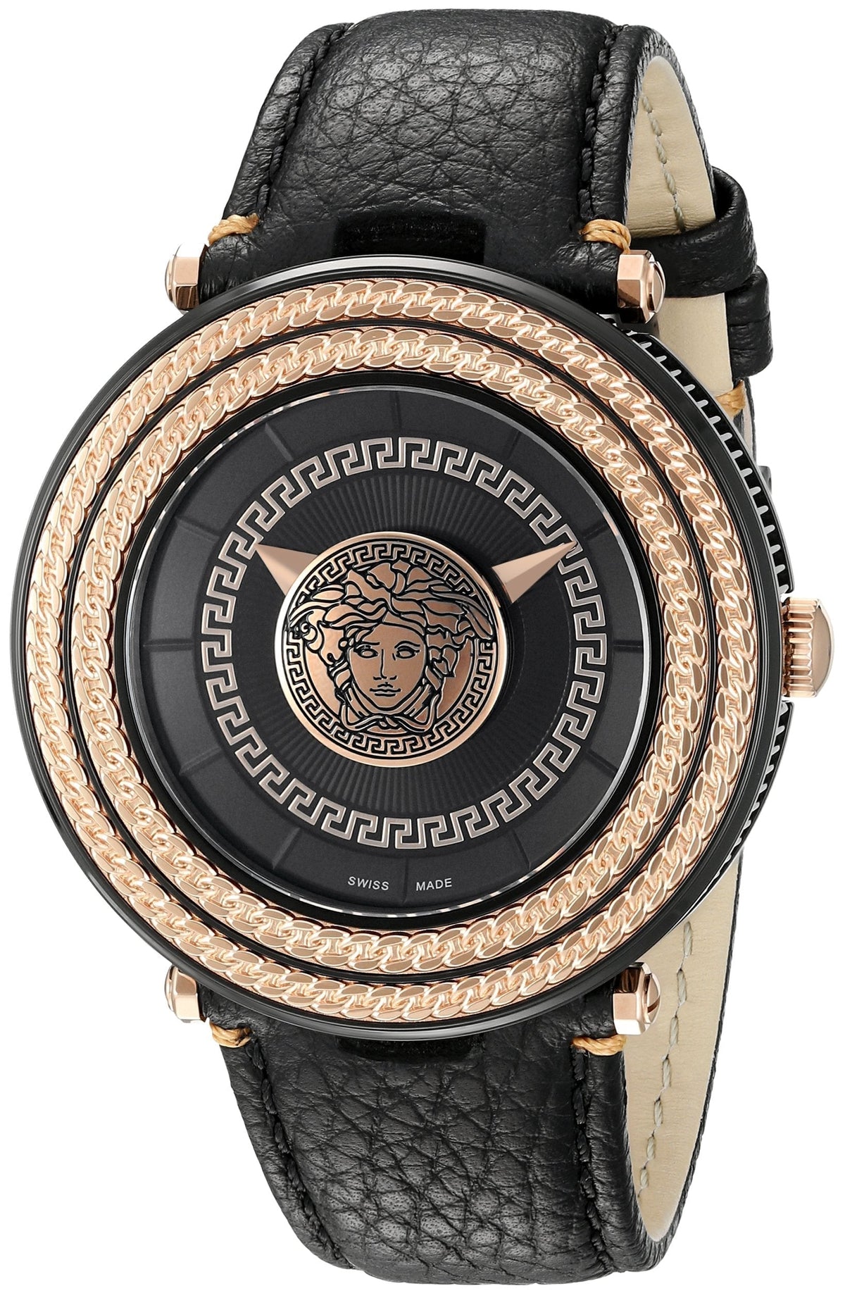 Versace V-Metal Icon round watch with black dial, gold bezel, and black leather strap