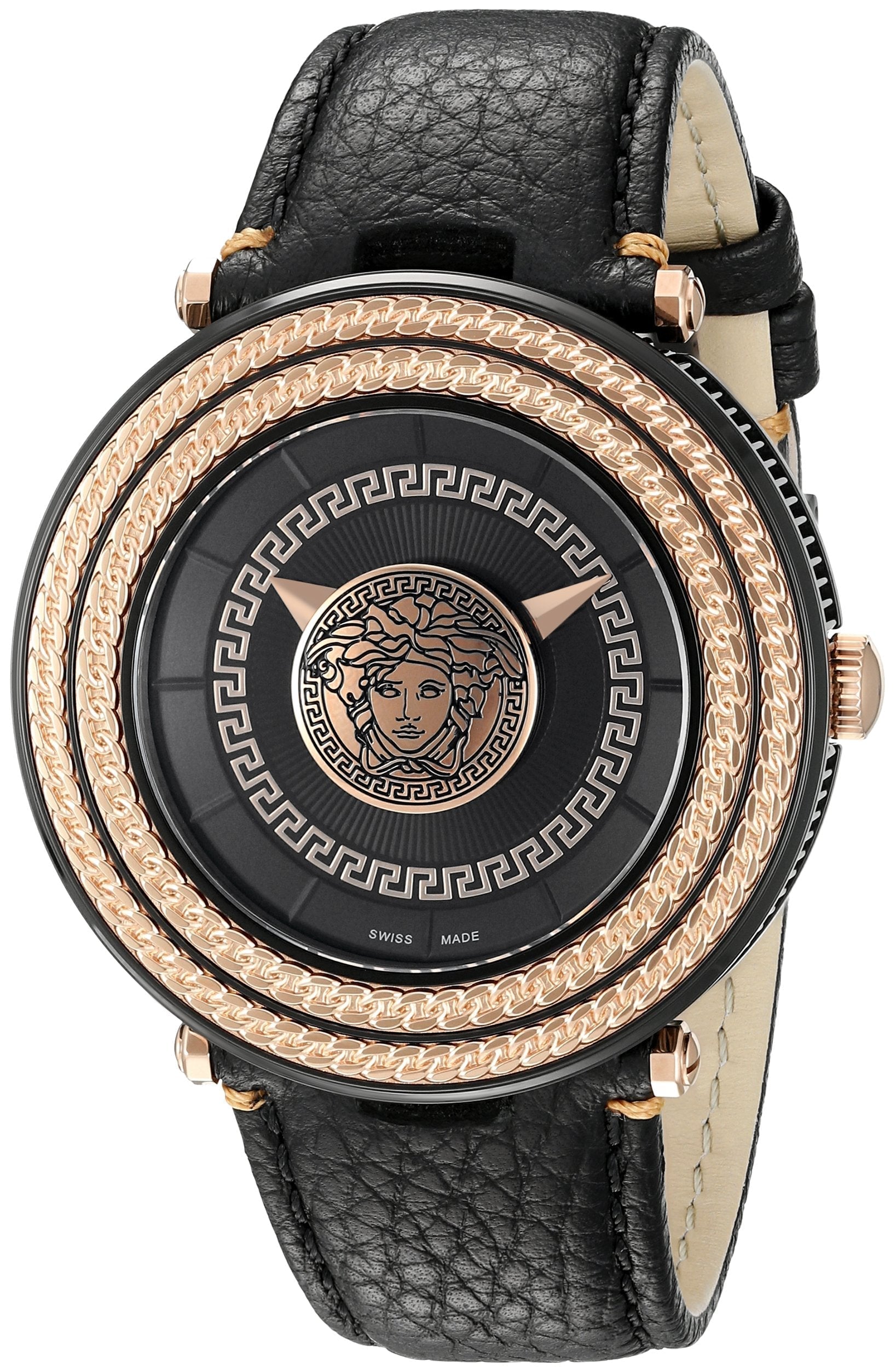 Versace V-Metal Icon round watch with black dial, gold bezel, and black leather strap