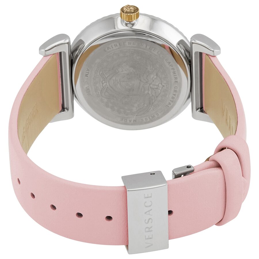 Caseback view of Versace V-Motif watch with pink leather strap and stainless steel buckle