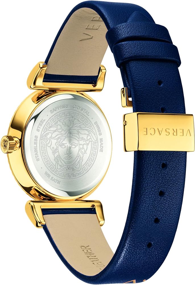 Caseback of Versace V-Motif watch showing engraved Medusa motif and gold-tone with dark blue leather strap