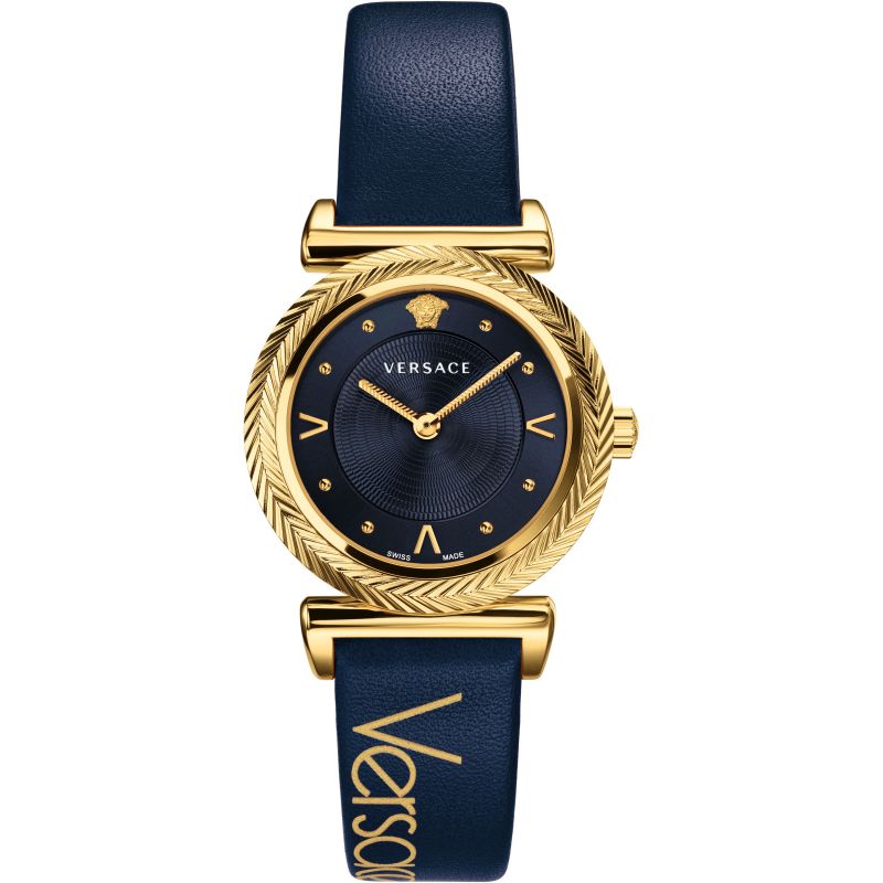 Versace V-Motif quartz watch with dark blue dial and gold-tone case on dark blue strap