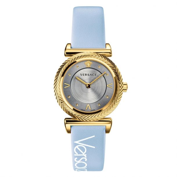 Versace V-Motif Grey Dial Blue Leather Strap Watch for Women - VERE00318