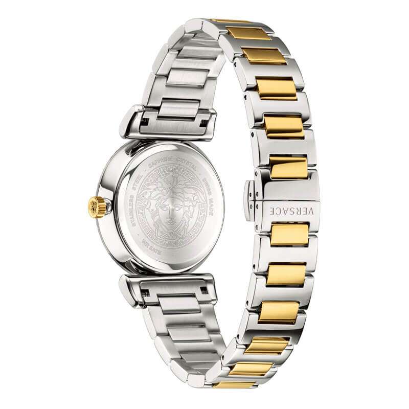 Versace V-Motif watch caseback showing two-tone bracelet and engraved medallion detail