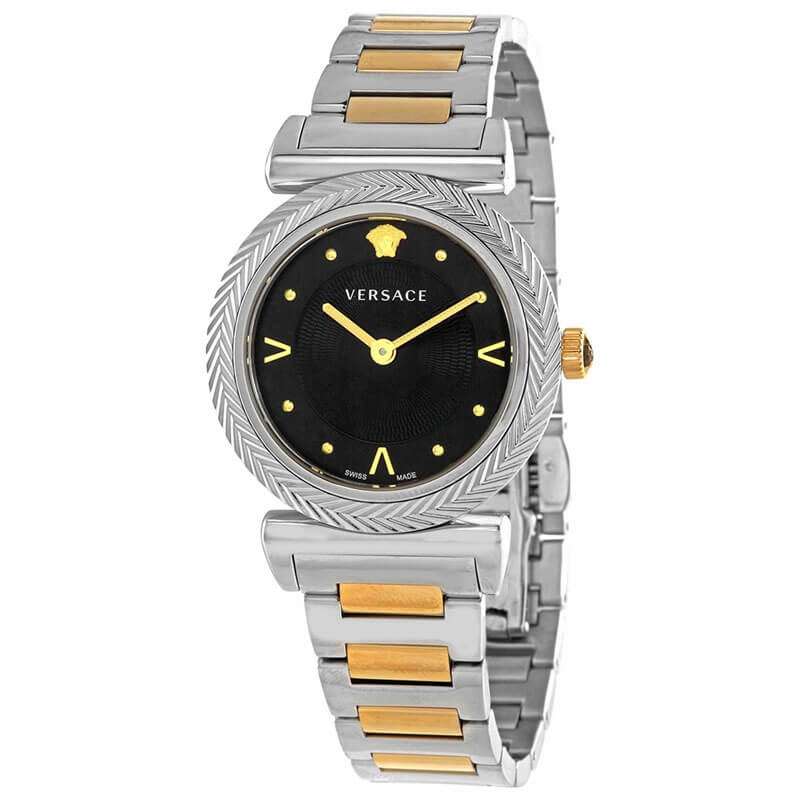 Versace V-Motif ladies watch with black dial, gold and silver two-tone bracelet, textured bezel