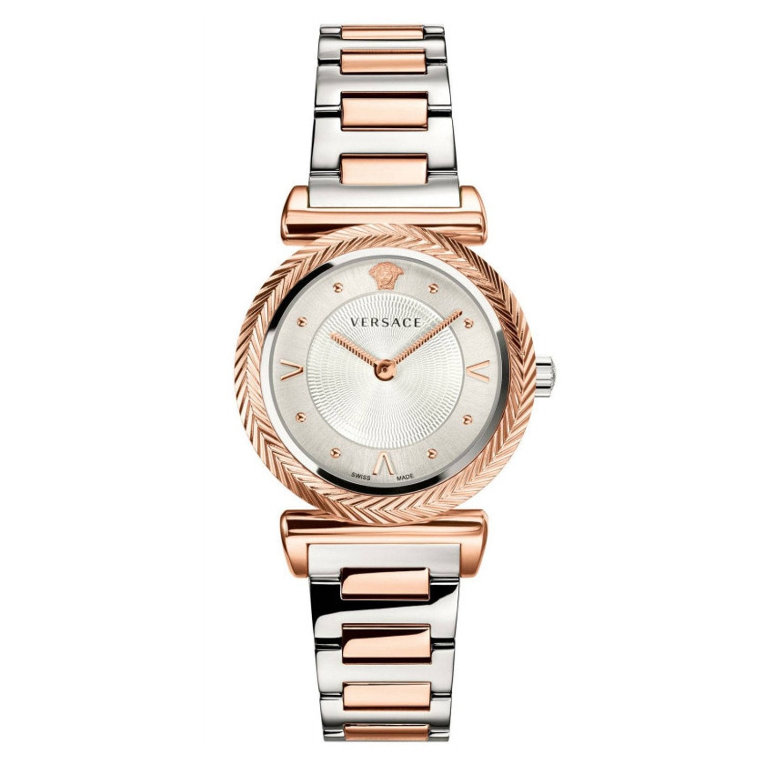 Versace V-Motif ladies watch with silver dial, two-tone rose gold and stainless steel bracelet