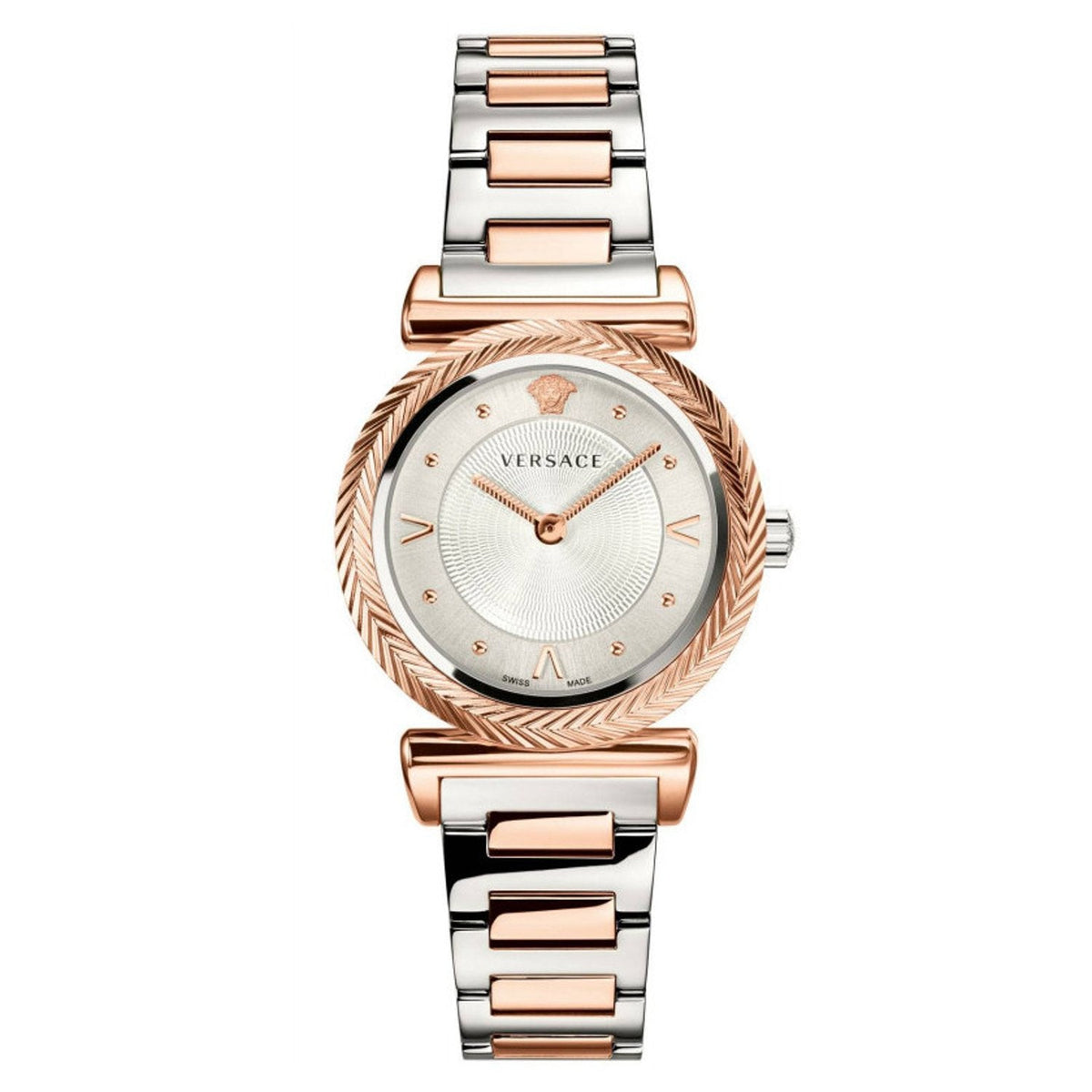 Versace V-Motif ladies watch with silver dial, two-tone rose gold and stainless steel bracelet