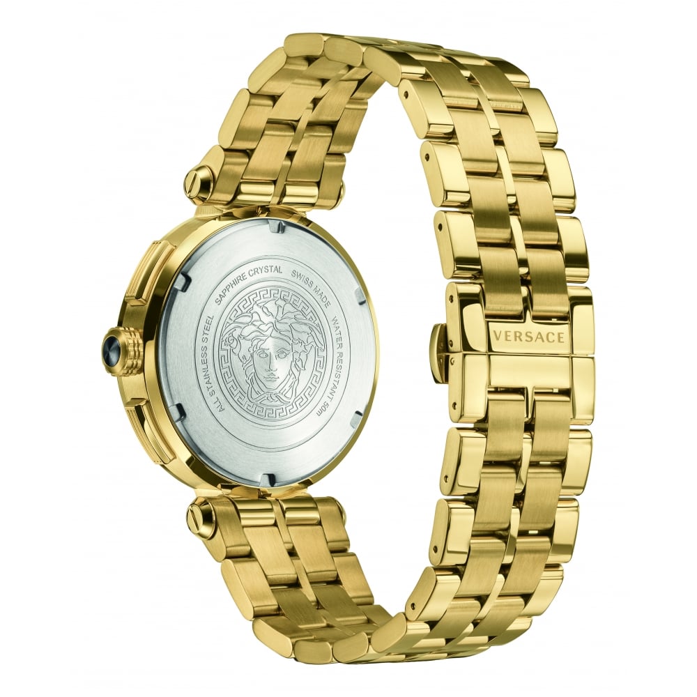 V-Racer Aion gold watch caseback with Versace Medusa emblem and engraving