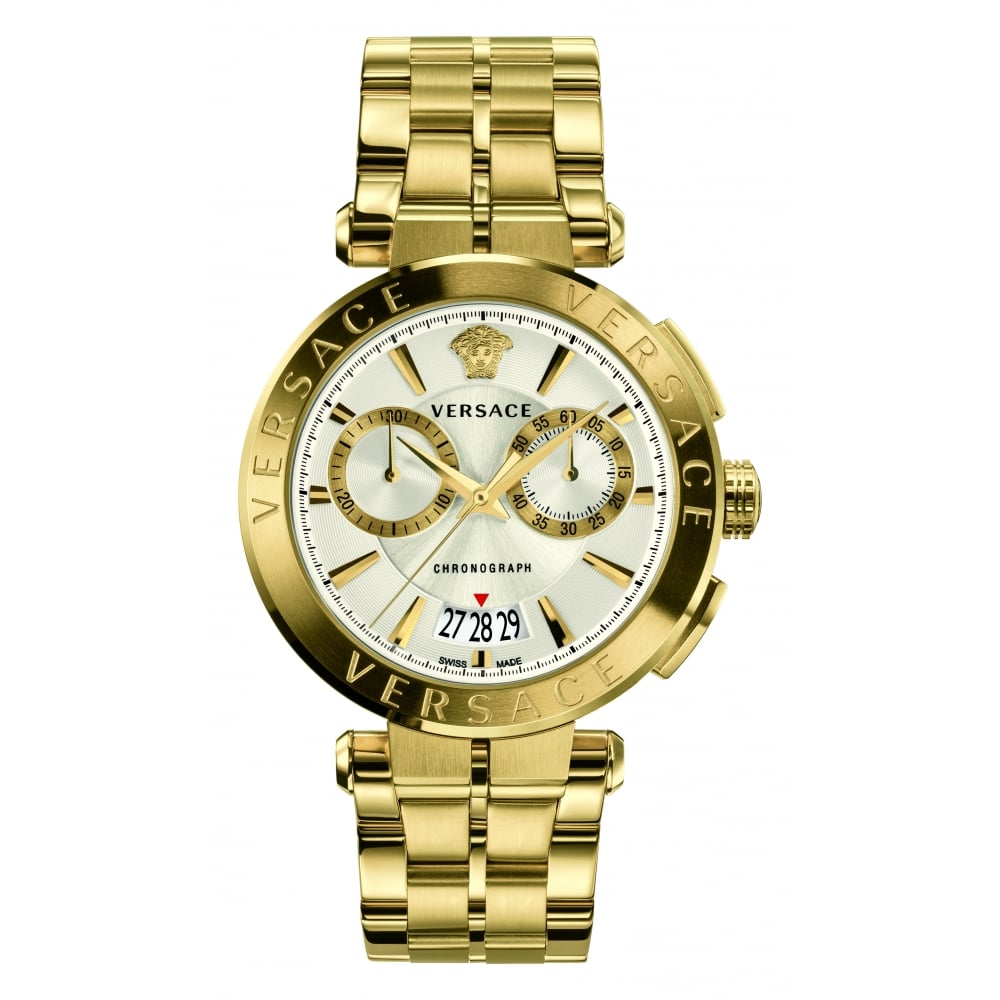 Versace V-Racer Aion gold chronograph watch with white dial and gold bracelet