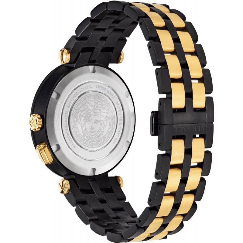 Back of V-Racer watch showing Medusa medallion caseback and two-tone metal bracelet