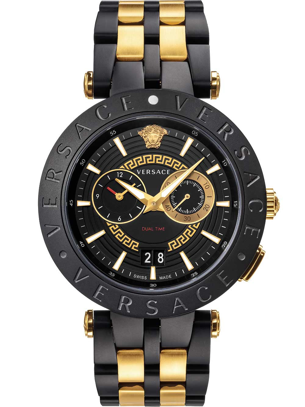 Versace V-Racer two-tone chronograph watch with black dial, gold accents, and alternating black and gold bracelet