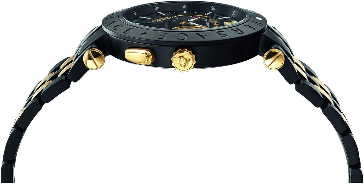 Side profile of V-Racer chronograph showing black case with gold lugs and two-tone bracelet