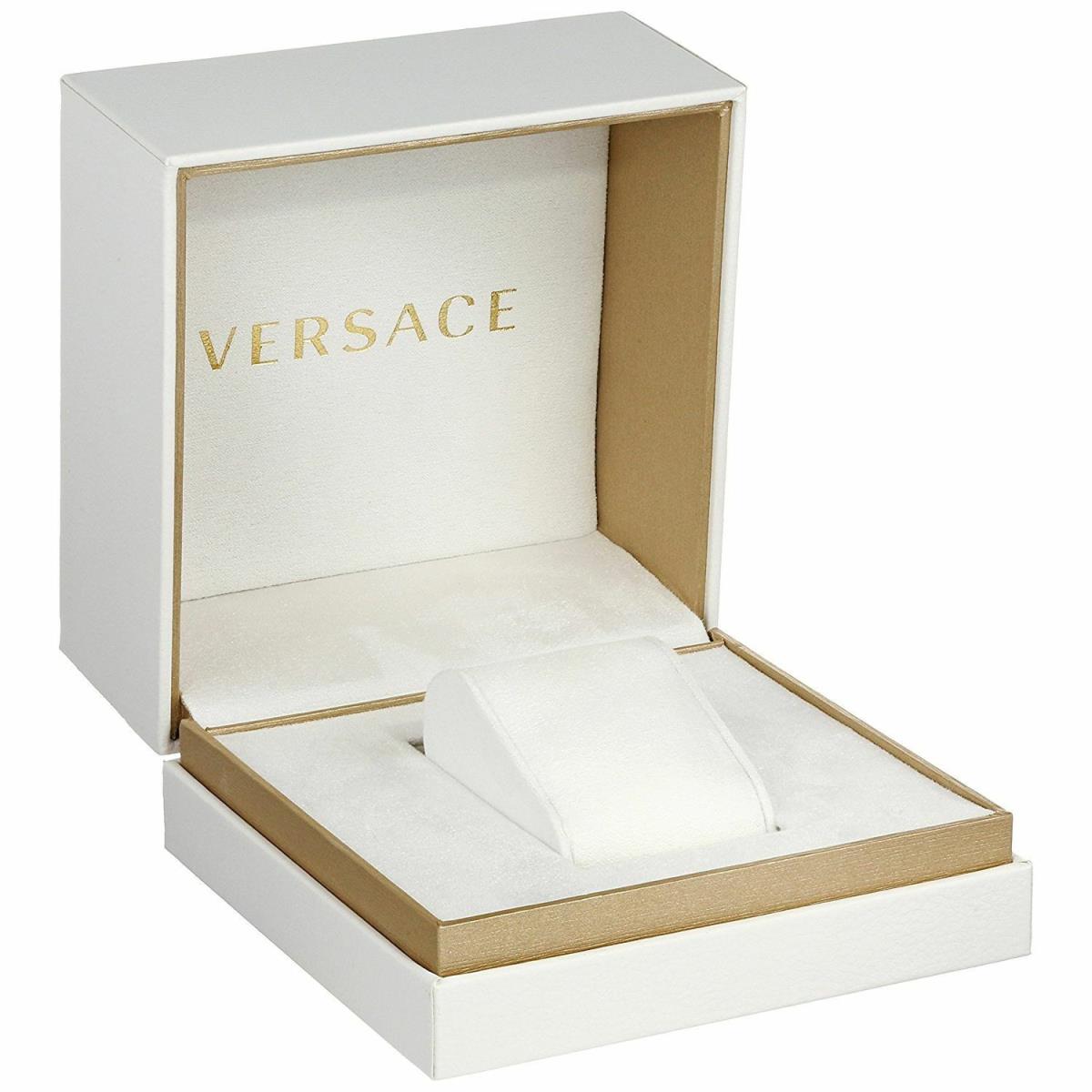Versace watch box and packaging with white exterior and branded interior