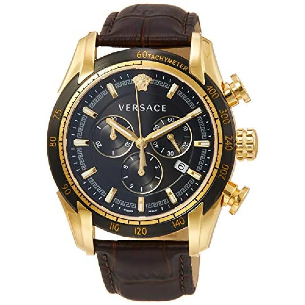 Versace V-Ray Chronograph quartz watch with black dial, gold-tone case, and brown leather strap