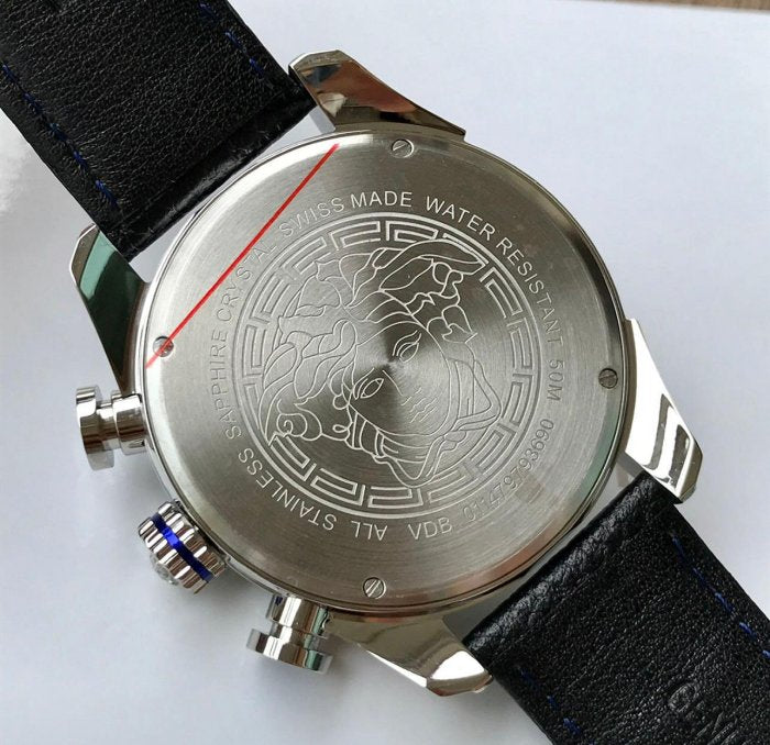 Versace V-Ray caseback showing engraved Medusa design and water resistance inscription
