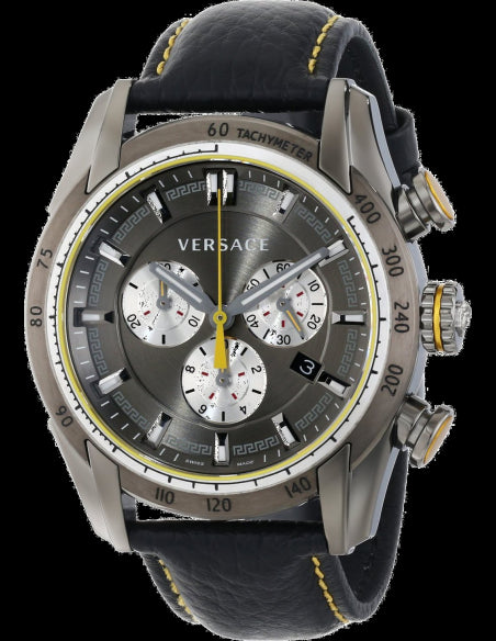 Versace V-Ray chronograph angled view showing grey dial, white subdials, and gold-accented bezel