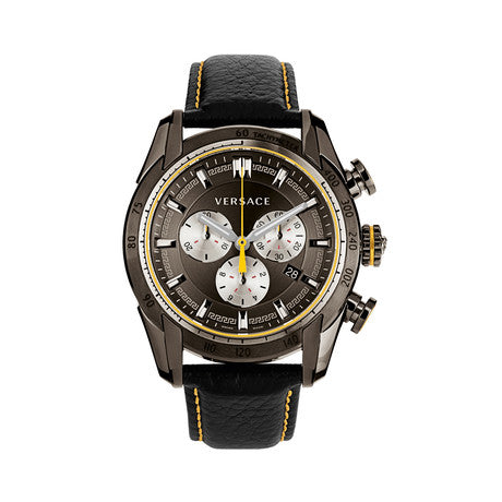 Versace V-Ray chronograph watch with grey dial and three white subdials on black leather strap