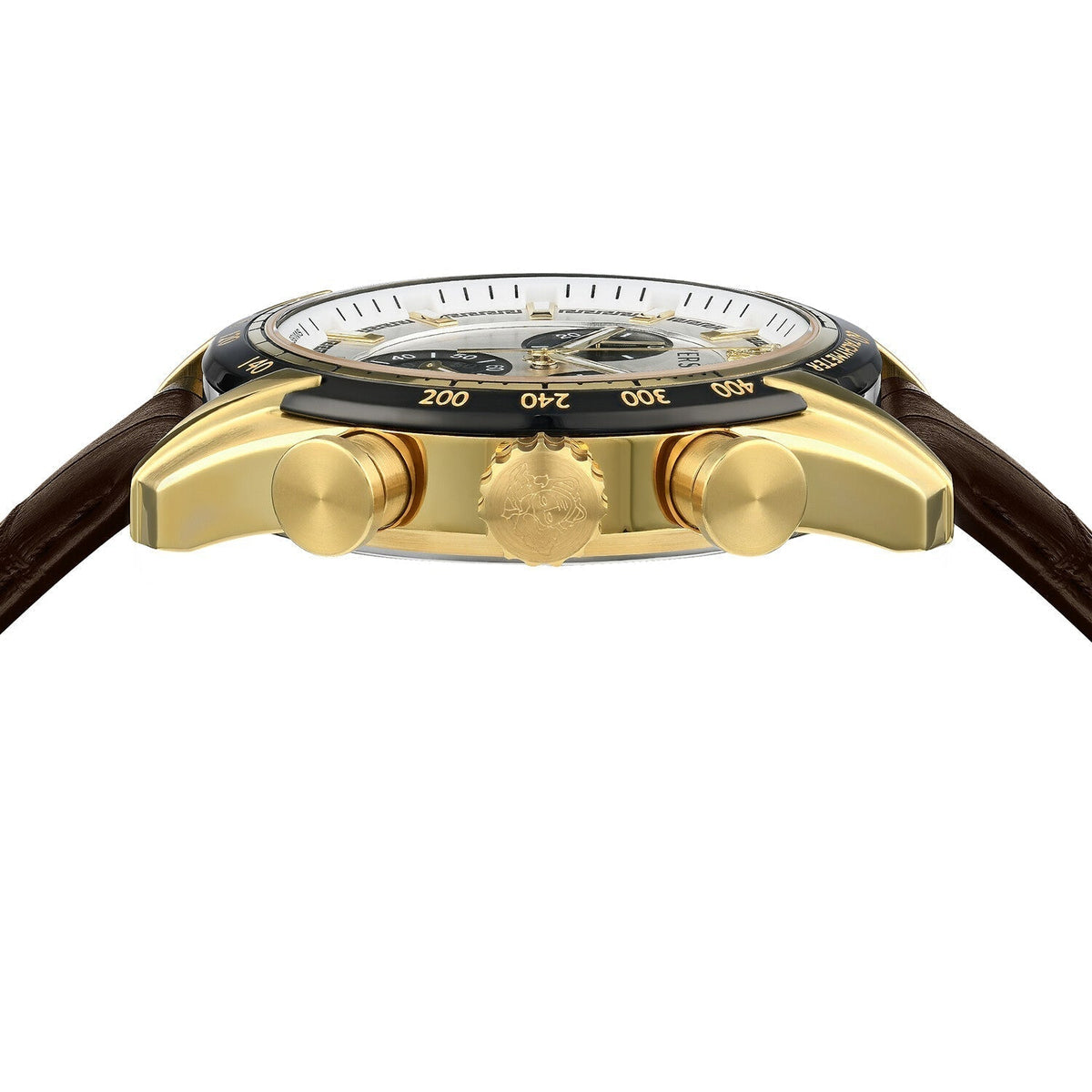 Versace V-Ray side view showing gold plated case and chronograph pushers