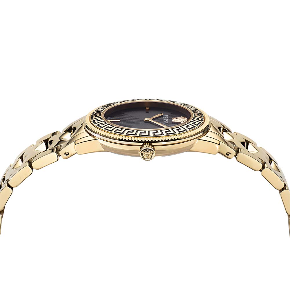 Side profile of Versace V-Tribute watch with black dial and gold-tone link bracelet